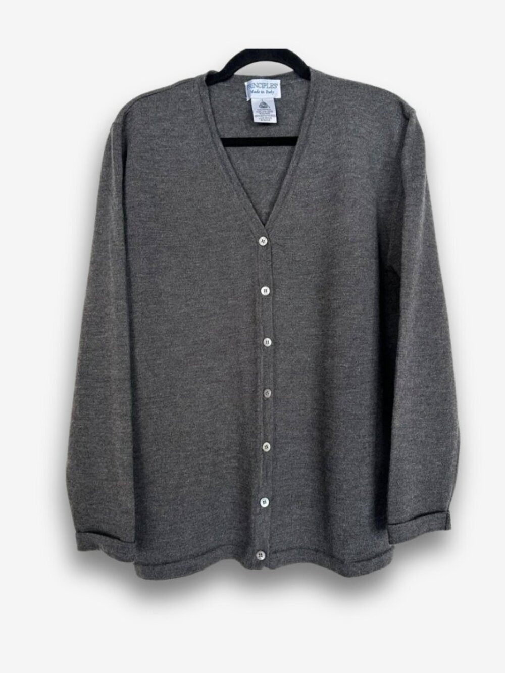 Principles Merino Wool Cardigan Made in Italy Lightweight Knit Grey Size L